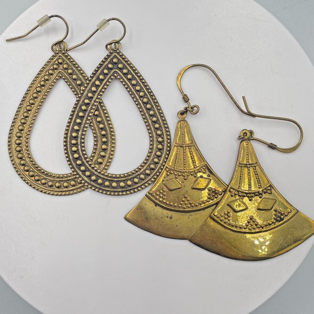 VTG Brass Tone Drop Dangle Earrings Lot Open Teardrop & Geometric Fan Style 2 Pc